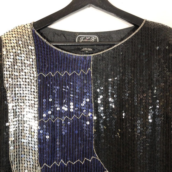 Vintage JLB Silk Sequin Blouse Size Medium Black Silver Blue Top 80s Eras Tour - Picture 2 of 7